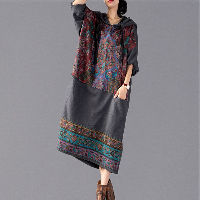 stylisches graues Print-Maxikleid 2018 mit Oversize-Kapuze und Baggy-Stil, feine Patchwork-Baumwollkleider