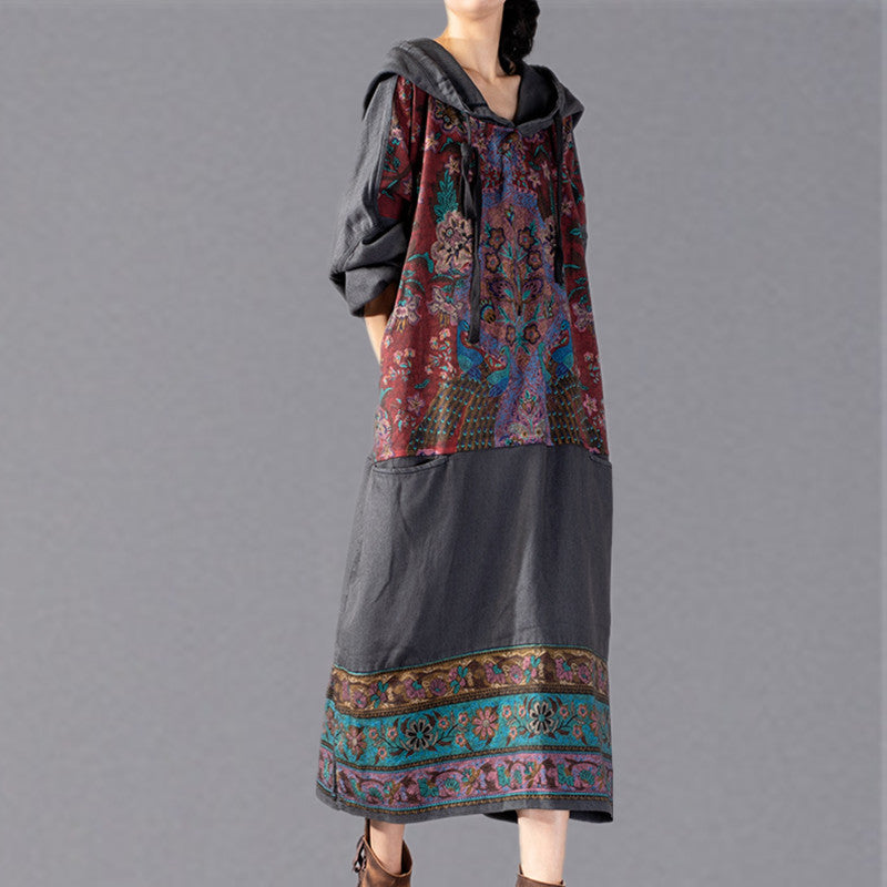 stylisches graues Print-Maxikleid 2018 mit Oversize-Kapuze und Baggy-Stil, feine Patchwork-Baumwollkleider