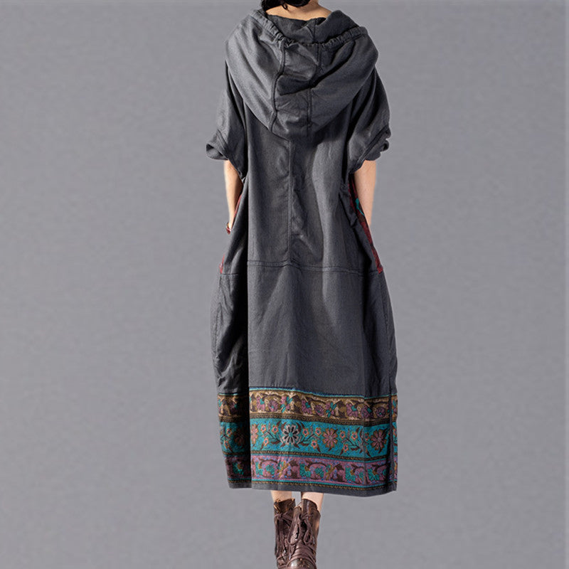 stylisches graues Print-Maxikleid 2018 mit Oversize-Kapuze und Baggy-Stil, feine Patchwork-Baumwollkleider