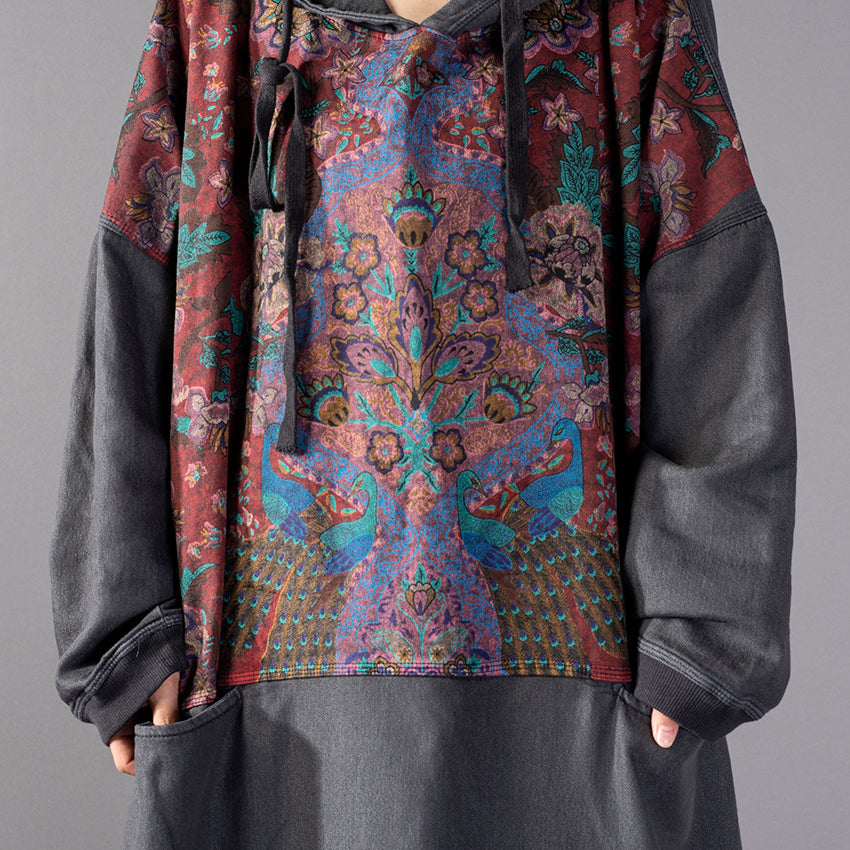 stylisches graues Print-Maxikleid 2018 mit Oversize-Kapuze und Baggy-Stil, feine Patchwork-Baumwollkleider