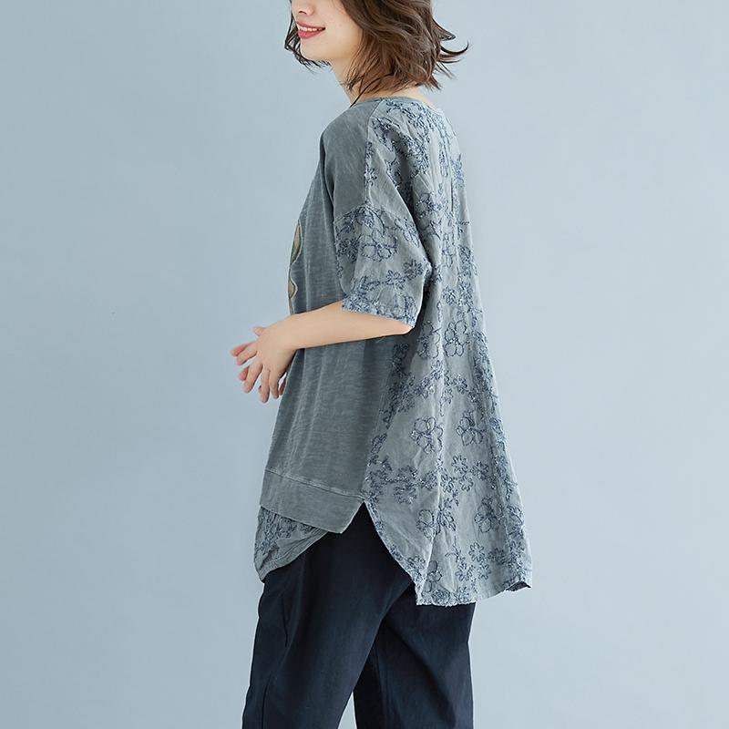 stylische Leinen-Baumwoll-Oberteile in Übergröße Sommer-Stickerei-Kurzarm-Schlitzbluse