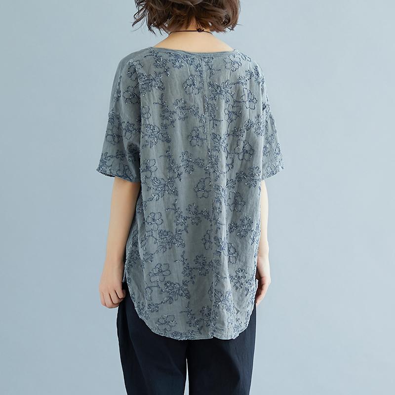 stylische Leinen-Baumwoll-Oberteile in Übergröße Sommer-Stickerei-Kurzarm-Schlitzbluse