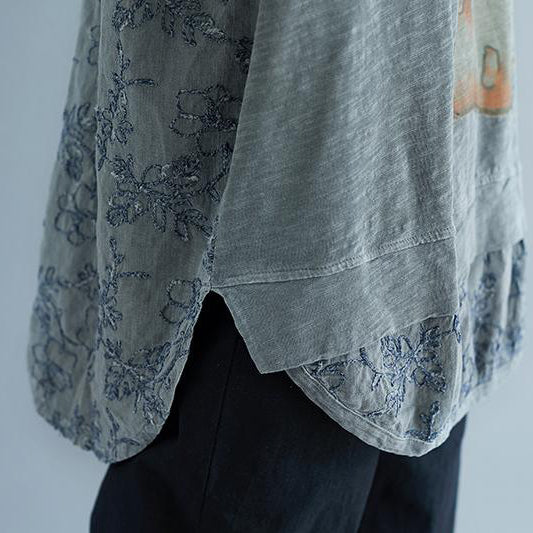 stylische Leinen-Baumwoll-Oberteile in Übergröße Sommer-Stickerei-Kurzarm-Schlitzbluse