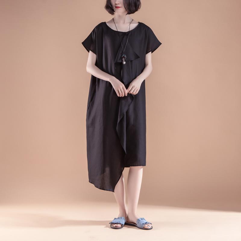 stylisches Leinen Sommerkleid lässig Kurzarm High-Low Saum Sommer Casual Schwarzes Kleid