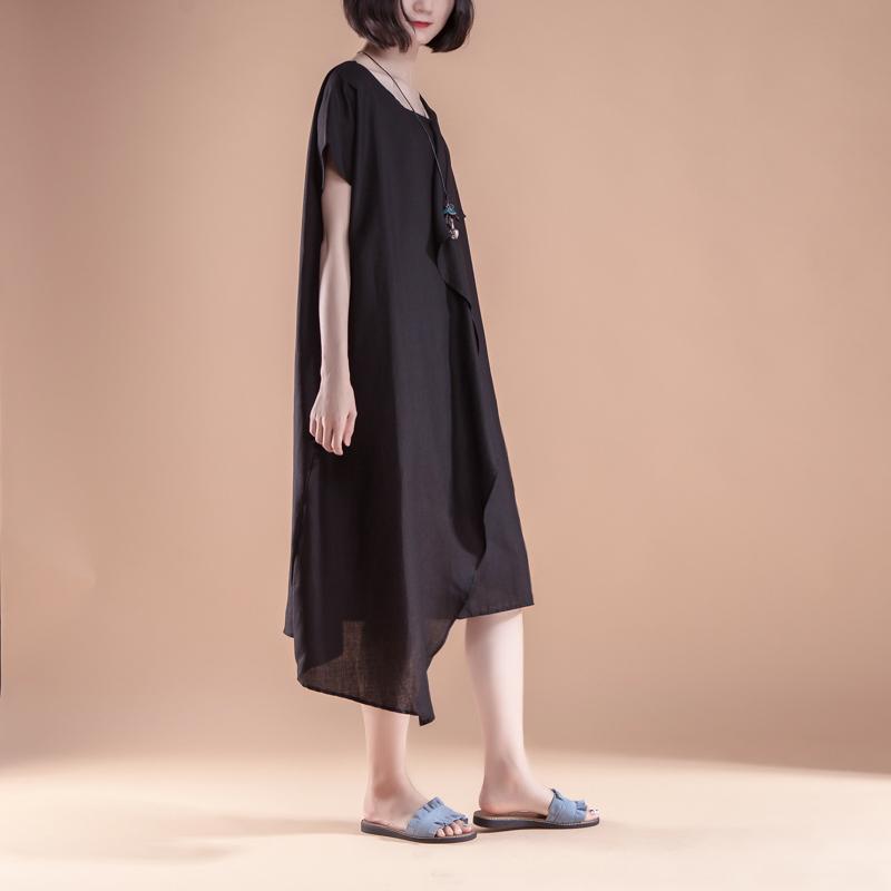 stylisches Leinen Sommerkleid lässig Kurzarm High-Low Saum Sommer Casual Schwarzes Kleid