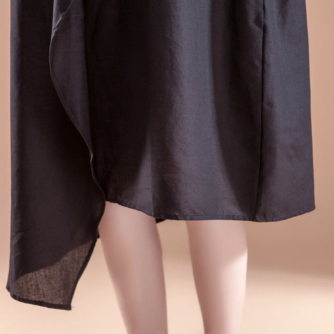stylisches Leinen Sommerkleid lässig Kurzarm High-Low Saum Sommer Casual Schwarzes Kleid