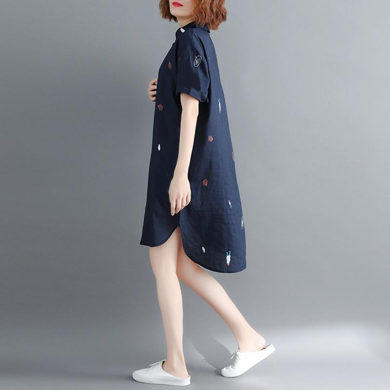 stylisches marineblaues reines Leinenkleid trendiges Plus Size Leinen Maxikleid Vintage Kurzarm Turn-Down Naturleinenkleid