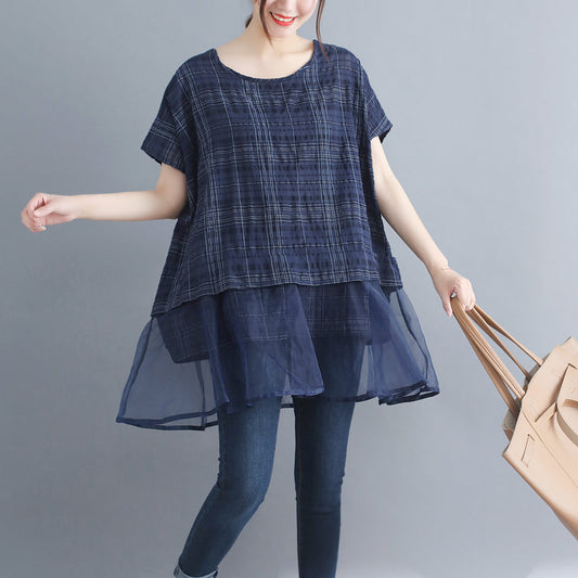 stylische karierte Baumwoll-Leinen-Oberteile, trendige Urlaubsoberteile in Übergröße, elegante Patchwork-Midi-Oberteile mit Rundhalsausschnitt und Fledermausärmeln