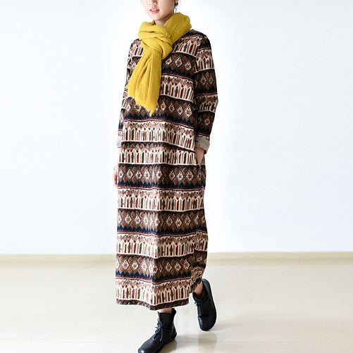 stylisches bedrucktes gestreiftes Maxikleid aus Baumwolle, trendiges, langes Baumwollkleid mit Rundhalsausschnitt in Übergröße, lässiges Leinenkleid