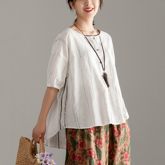 stylische Oberteile aus reinem Leinen in Übergröße, Rundhalsausschnitt, Halbarm, Streifen-Pulloverbluse