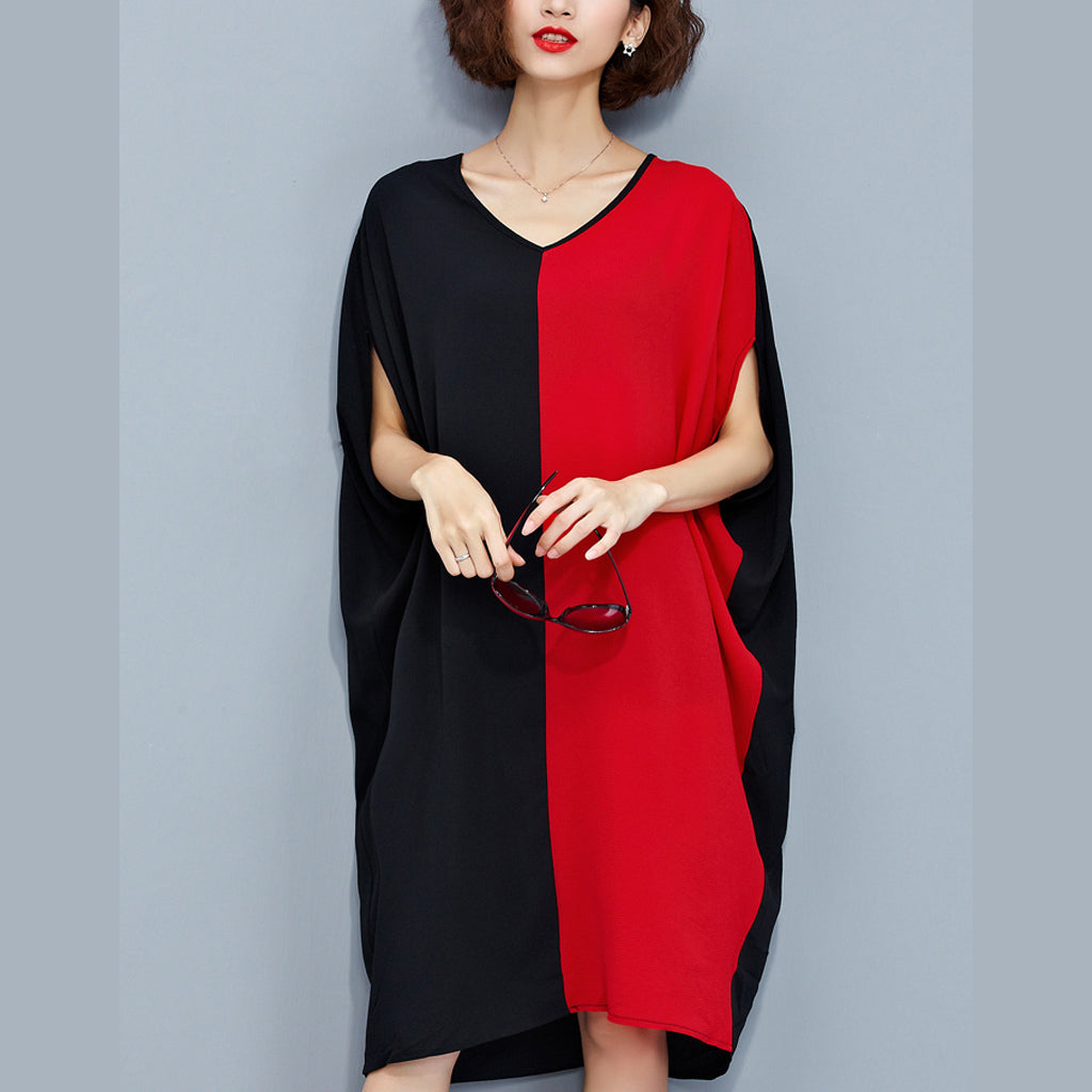 stilvolle rot-schwarze Patchwork-Chiffon-Polyester-Kleider trendige Reisekleidung in Übergröße feine Kleidung mit Fledermausärmeln