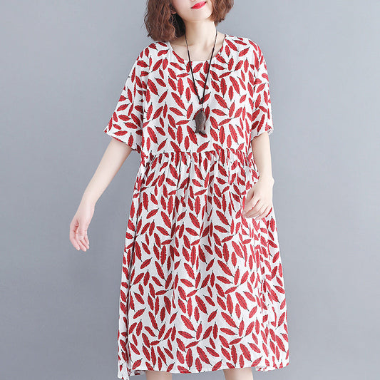stilvolles rotes Kniekleid aus Baumwolle, lässiges Baumwollkleid 2018, kurzärmelige Baggy-Kleider, O-Ausschnitt, bedrucktes Baumwollkleidungskleid