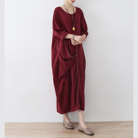 stylisches rotes Leinenkleid oversize asymmetrischer Saum Reisekleidung Neue asymmetrische Kaftane mit Reißverschluss