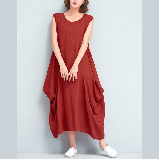 stylische rote lange Kleider aus Baumwollpolyester Locker sitzendes ärmelloses Maxikleid Vintage-Kaftane