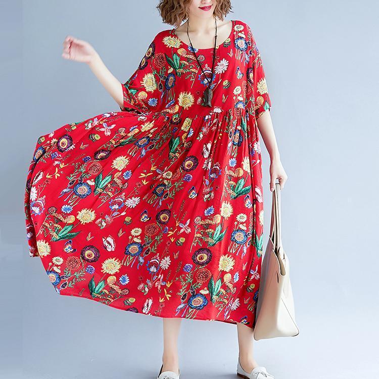stilvolle rote Print lange Baumwoll-Leinen-Kleider lässig Kurzarm Baggy Kleider Kleid 2018 O Hals Kleid