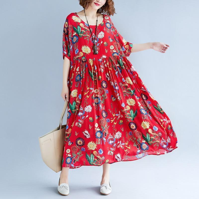 stilvolle rote Print lange Baumwoll-Leinen-Kleider lässig Kurzarm Baggy Kleider Kleid 2018 O Hals Kleid