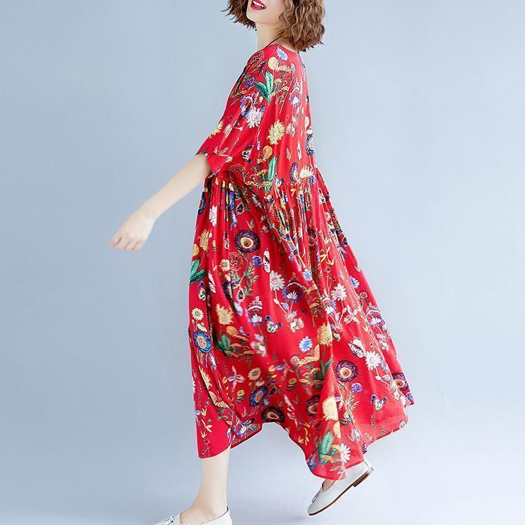 stilvolle rote Print lange Baumwoll-Leinen-Kleider lässig Kurzarm Baggy Kleider Kleid 2018 O Hals Kleid