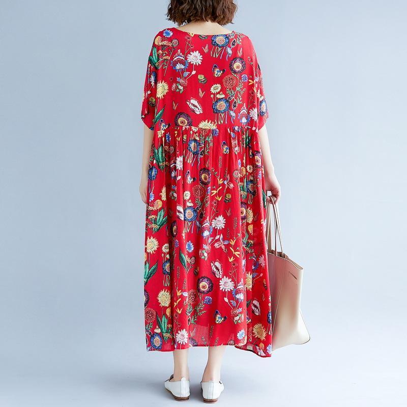 stilvolle rote Print lange Baumwoll-Leinen-Kleider lässig Kurzarm Baggy Kleider Kleid 2018 O Hals Kleid