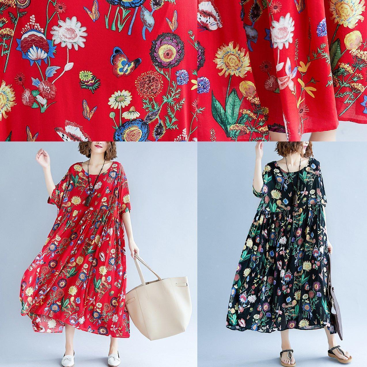 stilvolle rote Print lange Baumwoll-Leinen-Kleider lässig Kurzarm Baggy Kleider Kleid 2018 O Hals Kleid