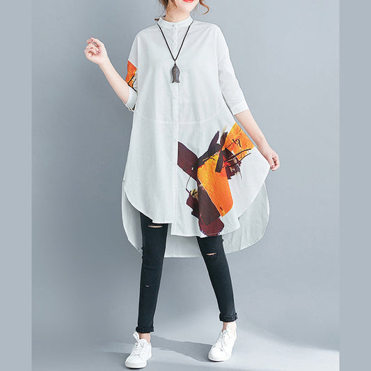 stylisches weißes Baumwoll-Leinen-Shift-Oberteil in Übergröße, lässig, Halbarm-Print, Stand, natürliche Baumwoll-Leinen-Oberteile