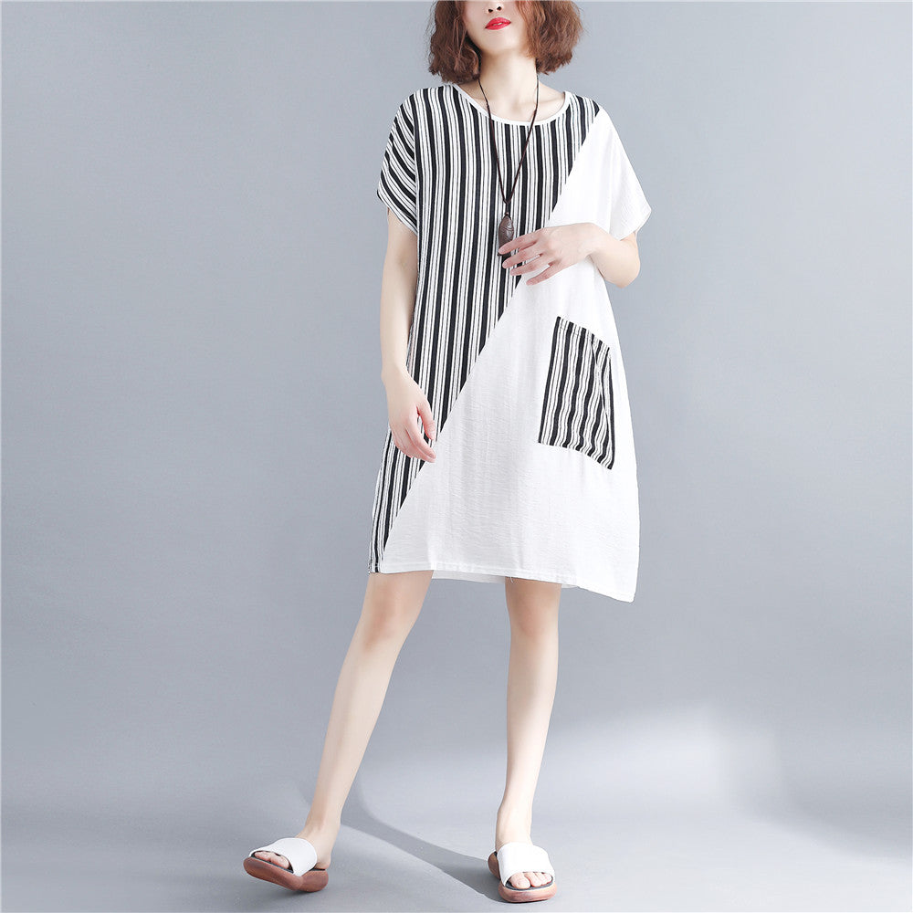Stilvolles weißes Kleid aus natürlicher Baumwolle, Oversize-Maxikleid für Damen, kurzärmeliges Patchwork-Kleid mit O-Ausschnitt