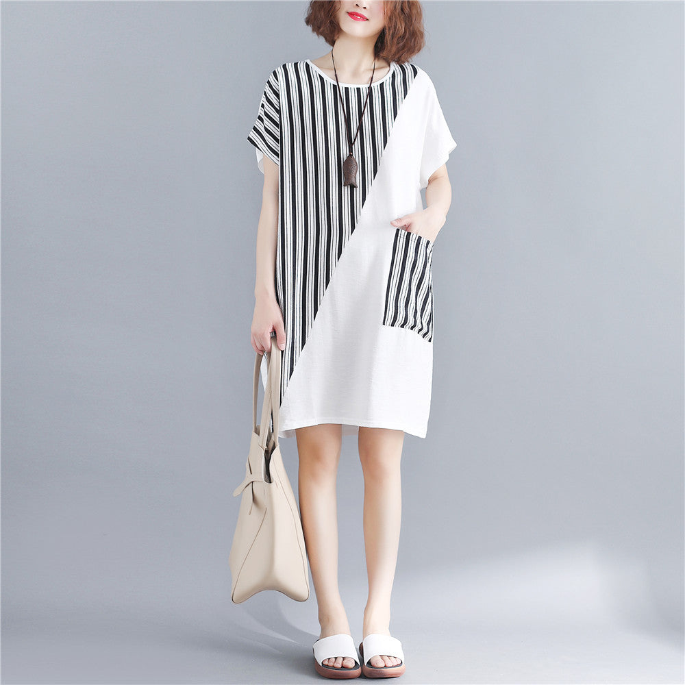 Stilvolles weißes Kleid aus natürlicher Baumwolle, Oversize-Maxikleid für Damen, kurzärmeliges Patchwork-Kleid mit O-Ausschnitt