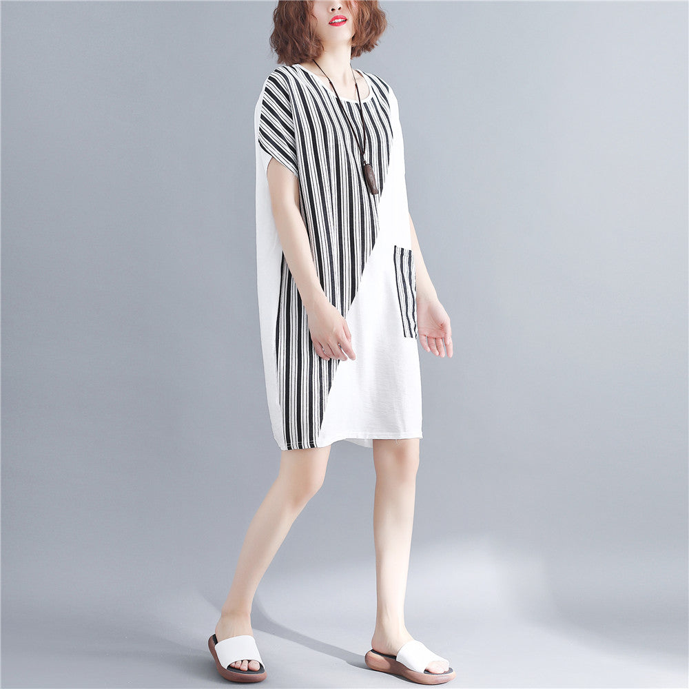 Stilvolles weißes Kleid aus natürlicher Baumwolle, Oversize-Maxikleid für Damen, kurzärmeliges Patchwork-Kleid mit O-Ausschnitt