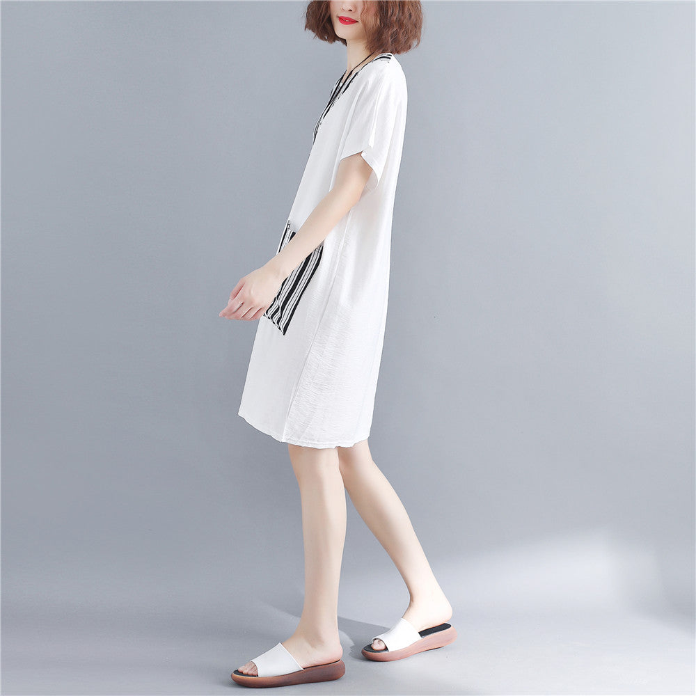 Stilvolles weißes Kleid aus natürlicher Baumwolle, Oversize-Maxikleid für Damen, kurzärmeliges Patchwork-Kleid mit O-Ausschnitt