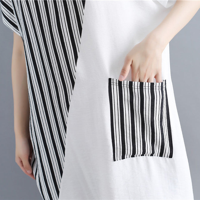Stilvolles weißes Kleid aus natürlicher Baumwolle, Oversize-Maxikleid für Damen, kurzärmeliges Patchwork-Kleid mit O-Ausschnitt
