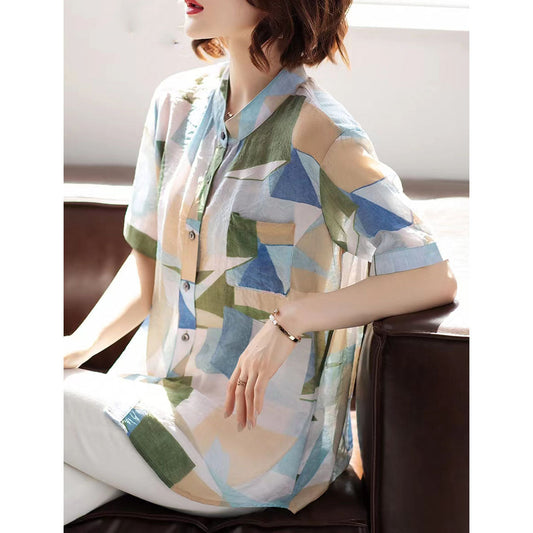 stylischer floraler Midi-Pullover aus Baumwollmischung, lässige Oberteile aus Baumwollmischung, 2018, Hemdkragen, kurzärmelige Kleidung