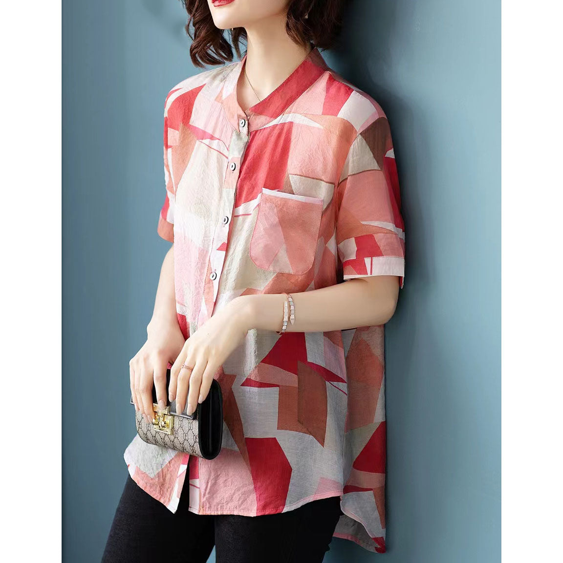 stylischer floraler Midi-Pullover aus Baumwollmischung, lässige Oberteile aus Baumwollmischung, 2018, Hemdkragen, kurzärmelige Kleidung