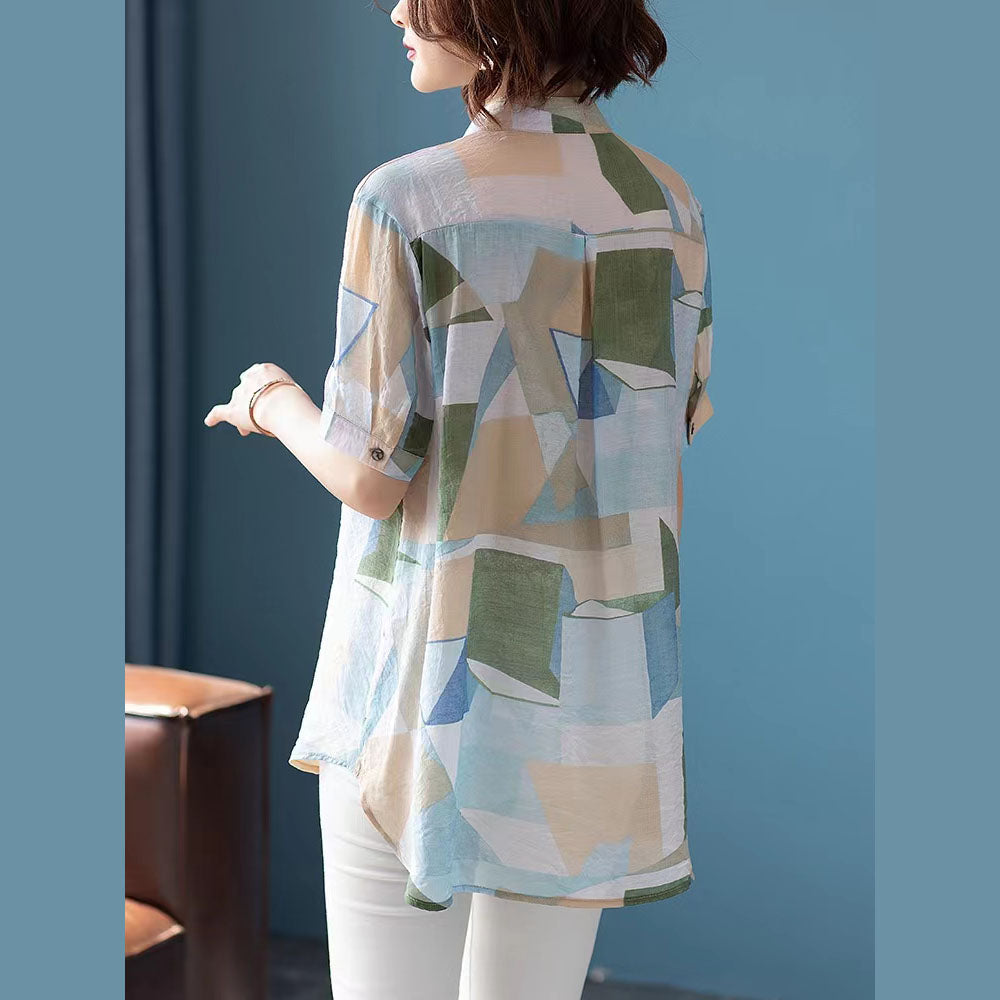 stylischer floraler Midi-Pullover aus Baumwollmischung, lässige Oberteile aus Baumwollmischung, 2018, Hemdkragen, kurzärmelige Kleidung