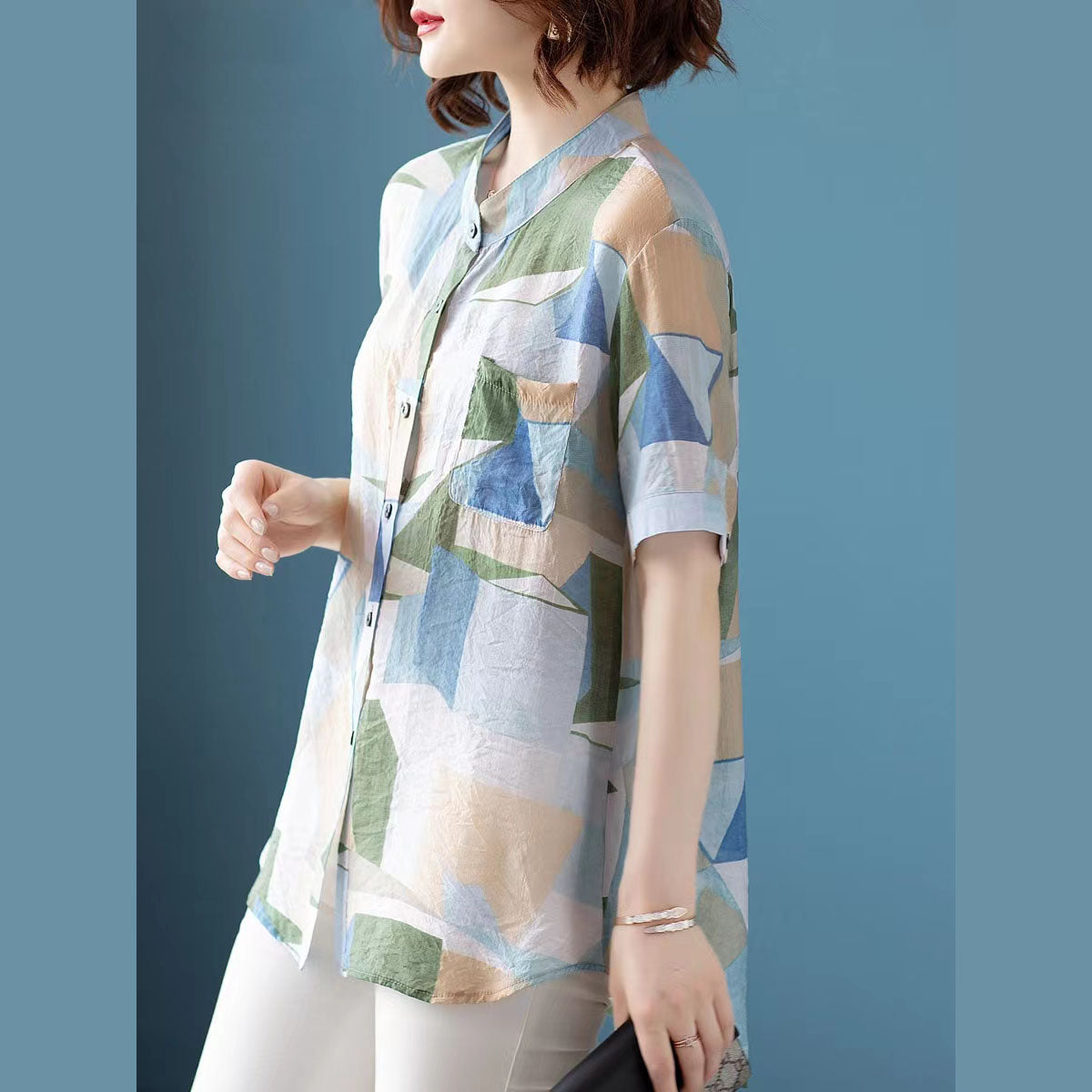 stylischer floraler Midi-Pullover aus Baumwollmischung, lässige Oberteile aus Baumwollmischung, 2018, Hemdkragen, kurzärmelige Kleidung