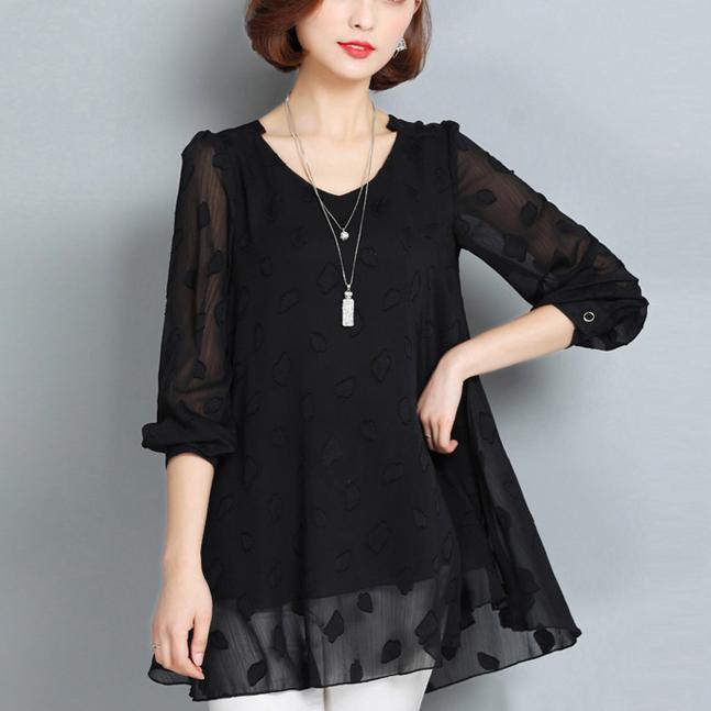 Sommer lässige schwarze Spitze T-Shirt lose Mode Langarm-Tops
