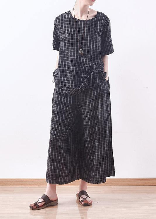 summer casual black plaid silk loose t shirt with women wide leg pants two pieces - SooLinen