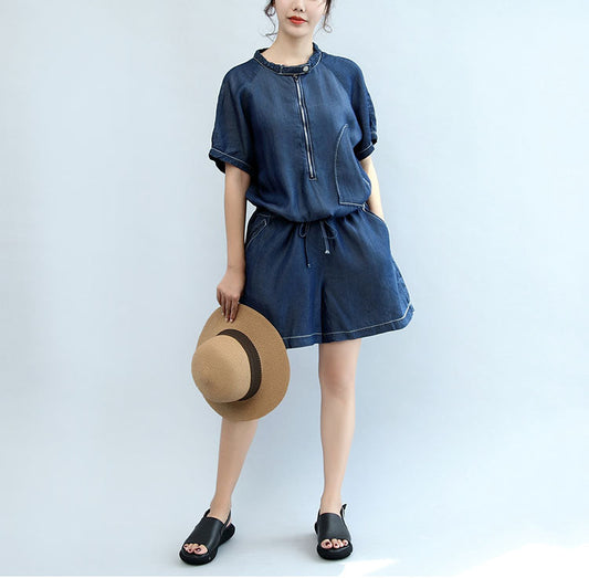 Sommer neue marineblaue stylische Kurzarm-Oberteile aus Baumwolle und lässige Jumpsuit-Shorts