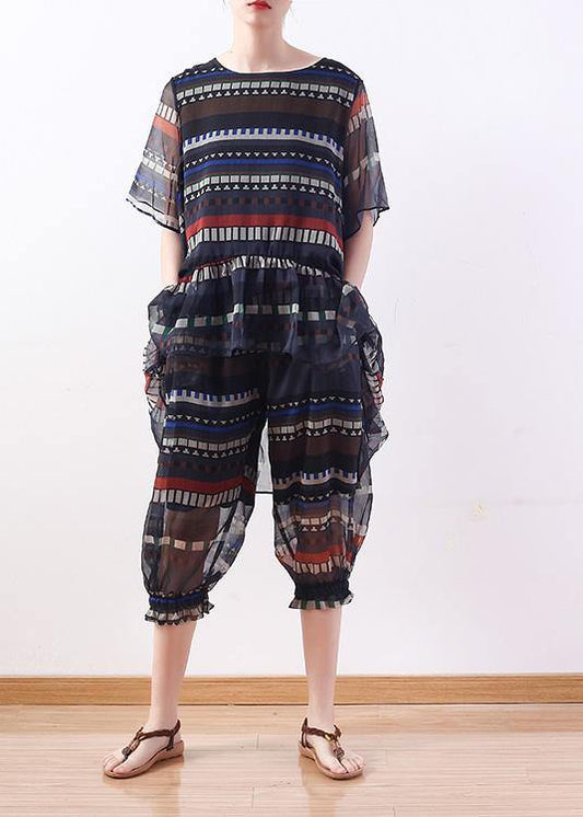 summer vintage chiffon tops and women crop pants two pieces - SooLinen