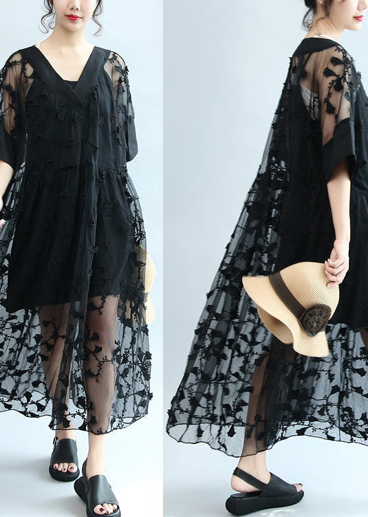 Sommer 2024 schwarze Spitzenkleider mit Stickereien, Maxikleid in Übergröße