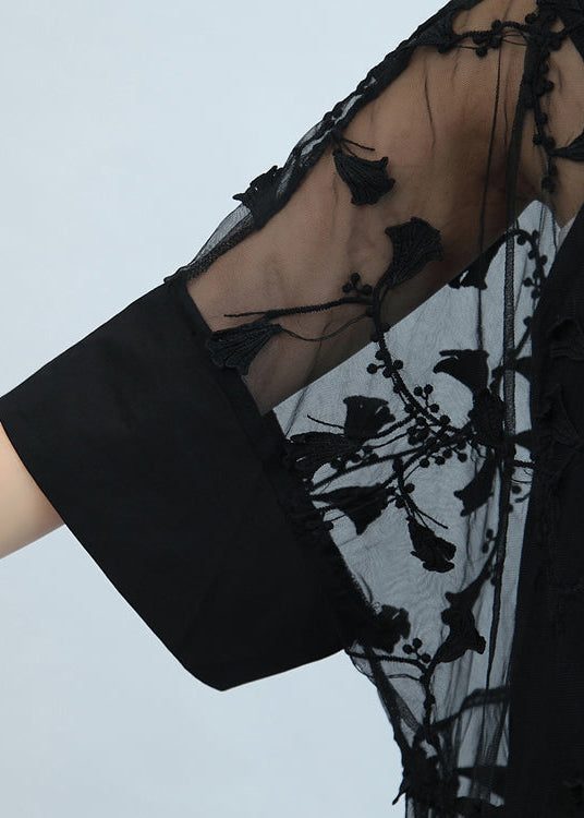 Sommer 2024 schwarze Spitzenkleider mit Stickereien, Maxikleid in Übergröße