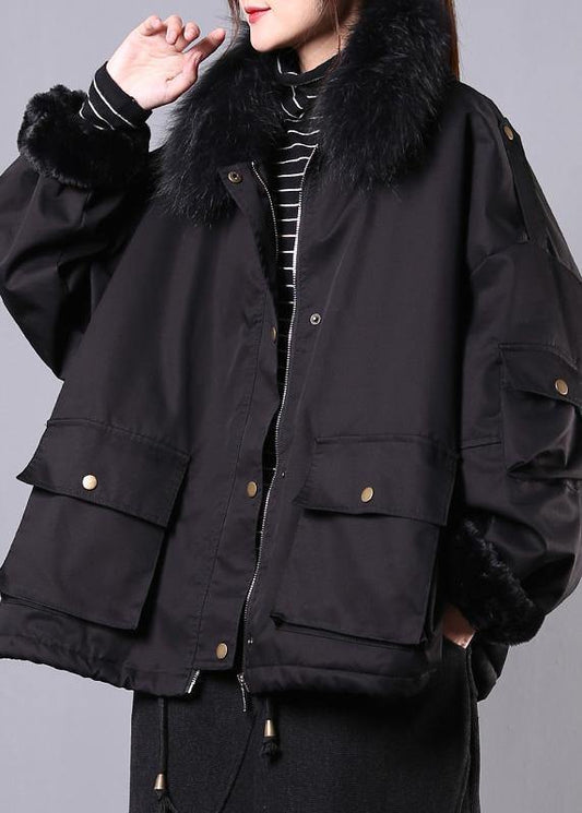 thick black casual outfit oversize Jackets & Coats pockets faux fur collar overcoat - SooLinen