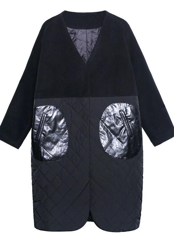 thick black overcoat clothing down jacket v neck patchwork winter coats - SooLinen