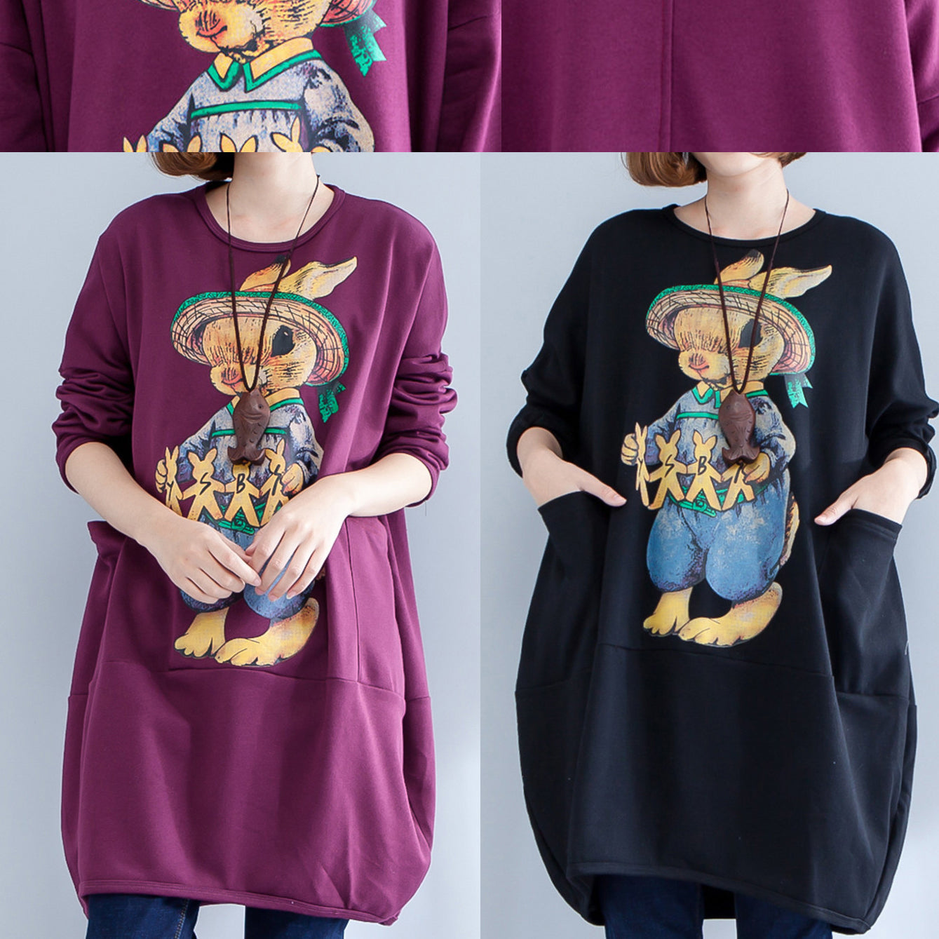 dickes, warmes Umstandskleid aus Baumwolle mit Burgunder-Print, Oversize-O-Ausschnitt, Freizeitkleid für Damen