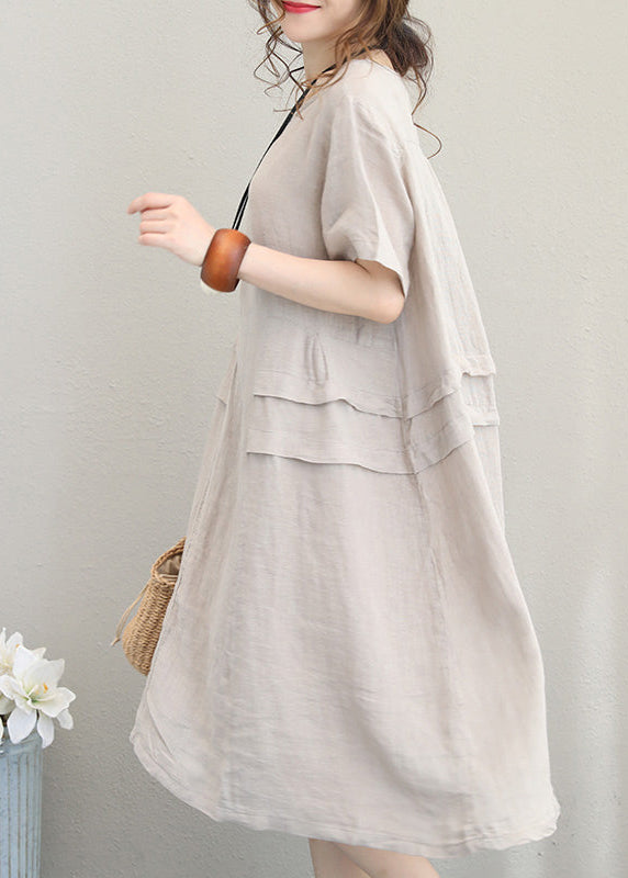 feines beiges Leinenkleid lässige Leinenkleidung Kleider Damen O-Ausschnitt Patchwork Baumwollkleid