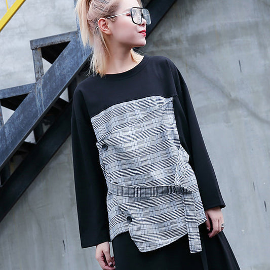 fine black Plaid cotton tops plus size O neck traveling fine patchwork asymmetric cotton tops