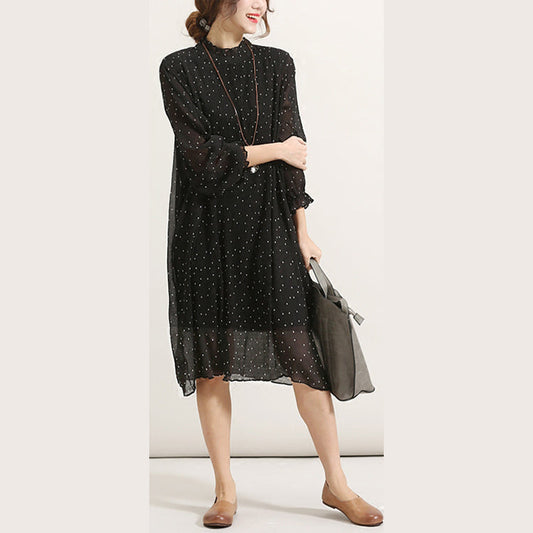 feines schwarzes Chiffon-Sommerkleid Stand Langarm-Ballkleid Cinched Tüllkleid