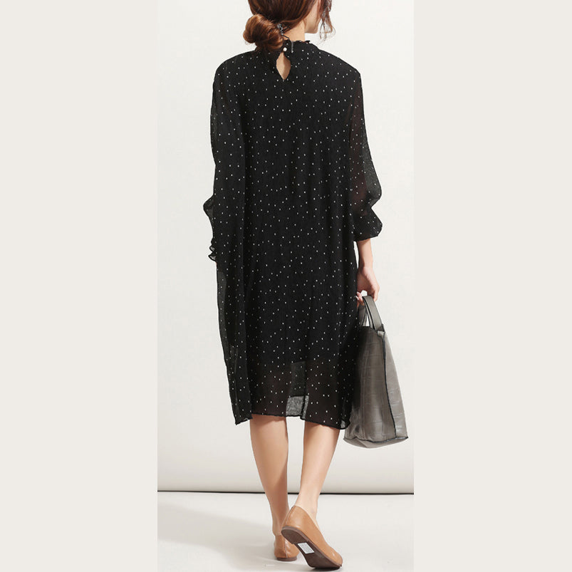 feines schwarzes Chiffon-Sommerkleid Stand Langarm-Ballkleid Cinched Tüllkleid
