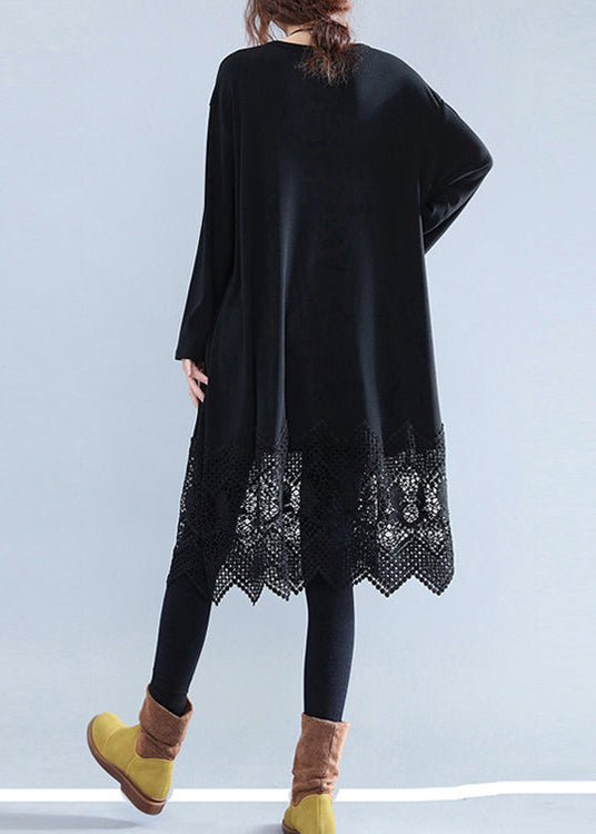 Fine Black Cotton Dresses Casual Cotton Clothing Dresses Fine Lace Ruffles Long Sleeve Cotton Dresses