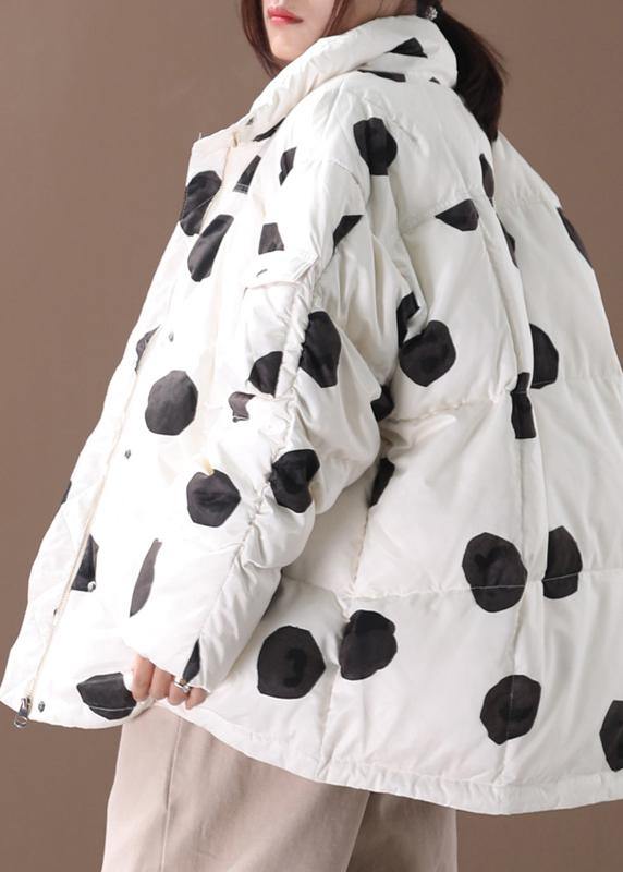 black dotted duck down coat plus size down jacket stand collar zippered Elegant coats - SooLinen