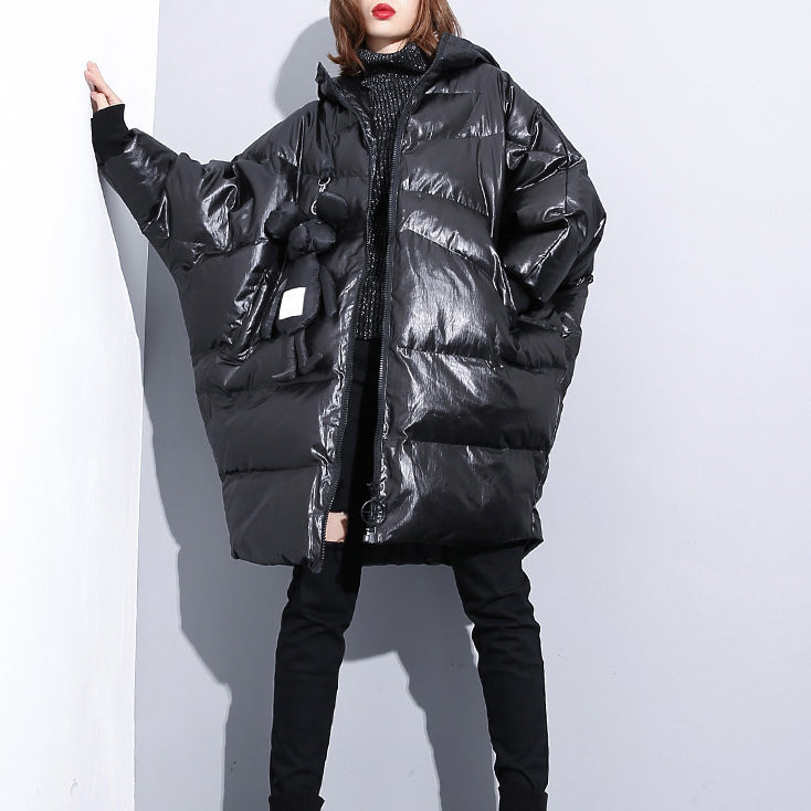 feine schwarze Daunenjacke Plus Size Kapuzenmantel aus Baumwolle Elegante Reißverschlusstaschen über dem Mantel