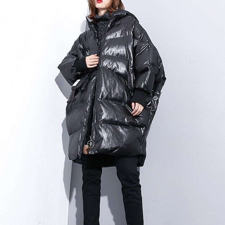 feine schwarze Daunenjacke Plus Size Kapuzenmantel aus Baumwolle Elegante Reißverschlusstaschen über dem Mantel
